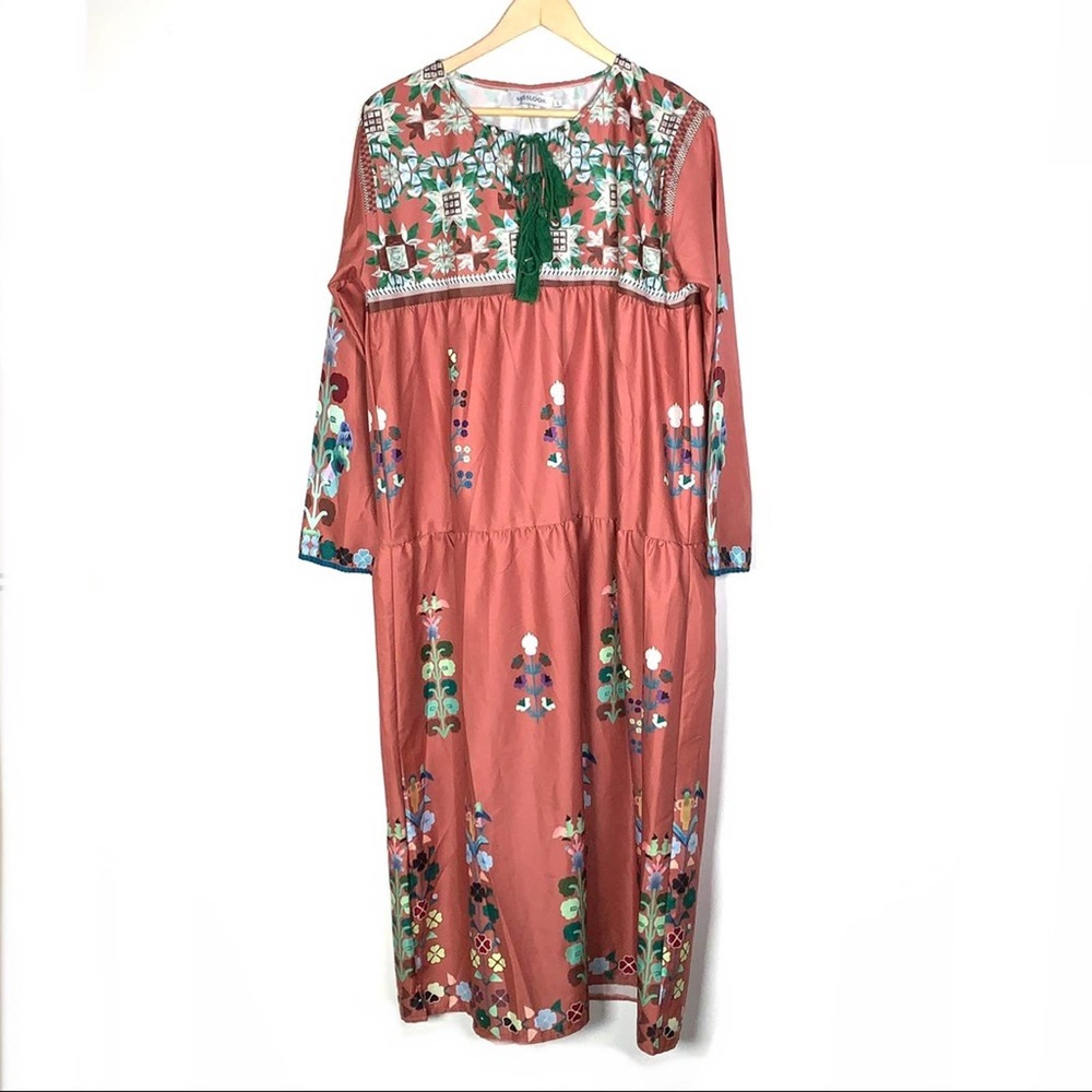Miss look pink floral long sleeve boho moomoo prairie cottage core dress L NEW…